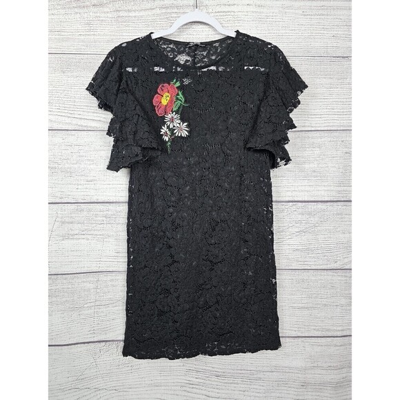 Zara Trafaluc Lace Overlay Floral Embroidered Flutter Sleeve Dress Black Medium - Picture 1 of 9